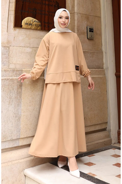 sefamerve Scuba Fabric Hijab Tunic Skirt Σετ δύο τεμαχίων 0221-02 Γαλακτώδης ...