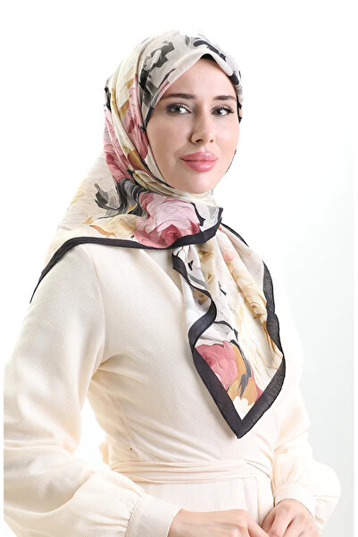 sefamerve Κασκόλ Karaca με φλοράλ μοτίβο από φυσική ίνα 82017-04 Μαύρο Χρυσό