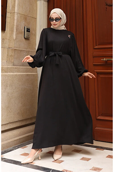 sefamerve Corded Fabric Hijab Dress with Brooch and Lace Detail 0220-01 Black