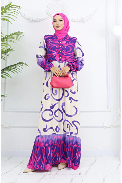 sefamerve Purple Beige Viscose Patterned Half Button Dress 0028-03