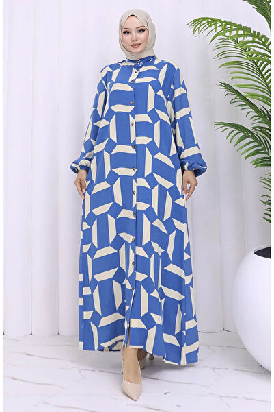 sefamerve فستان منقوش بأزرار من قماش الفسكوز 2030-04 بيج نيلي