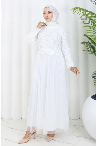 sefamerve Dantel Kaplama Abiye Elbise 5369-01 Beyaz