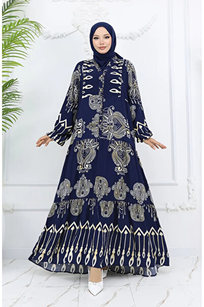 sefamerve Φόρεμα βισκόζης με μισό κουμπί Alaçatı 0040-02 Navy Blue