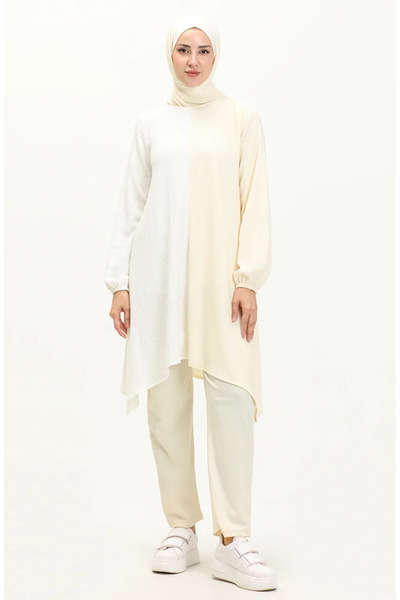 sefamerve طقم بنطلون تونيك غير متماثل مكون من قطعتين 3015-04 أصفر إكرو