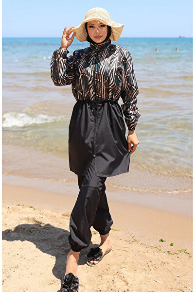 sefamerve Ελαστική μέση Sahra με μοτίβο με φερμουάρ Hijab μαγιό με καπέλο δώρ...