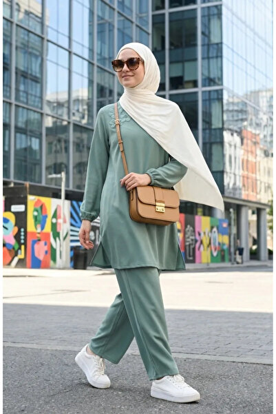 sefamerve طقم بنطلون وتونيك مطرز بالأحجار مكون من قطعتين 0230-05 أخضر كاجلا