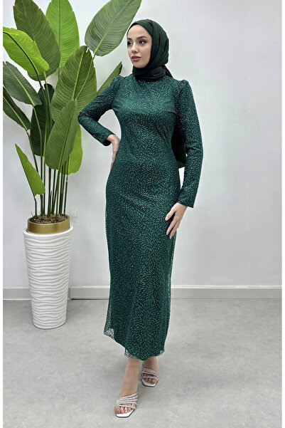 sefamerve Simli Tül Abiye Elbise 5517-03 Zümrüt Yeşili