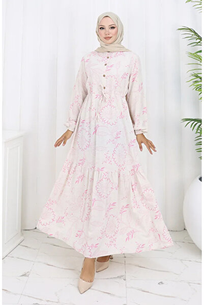 sefamerve Φόρεμα από λινό ύφασμα με κορδόνια στη μέση με κουμπιά 0173A-01 Ροζ