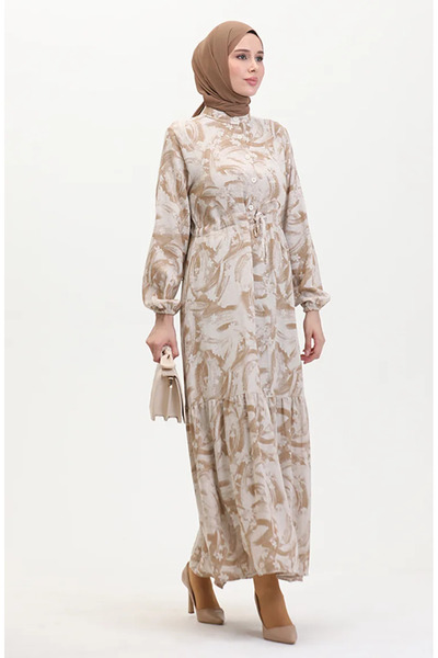 sefamerve Béžové norkové lněné šaty - přední knoflíky a tkaničky 0520A-05