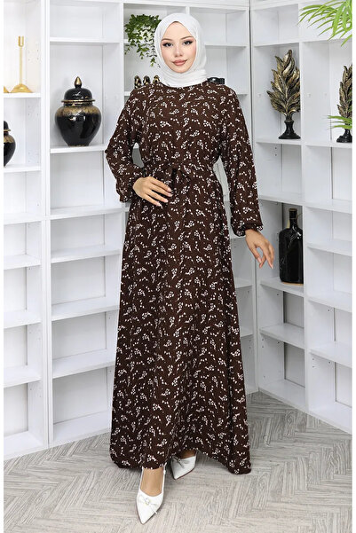 sefamerve Desenli Kuşaklı Elbise 2049-05 Kahverengi