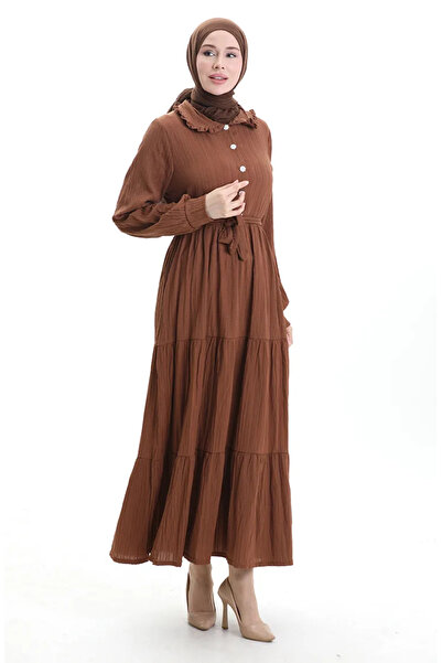 sefamerve Yarım Düğmeli Büzgülü Elbise 2042-01 Taba