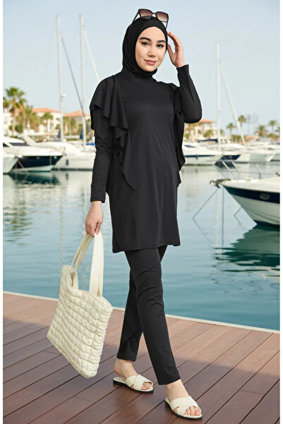 sefamerve Schwarzer Hijab-Badeanzug mit Rüschendetails 2225A-02