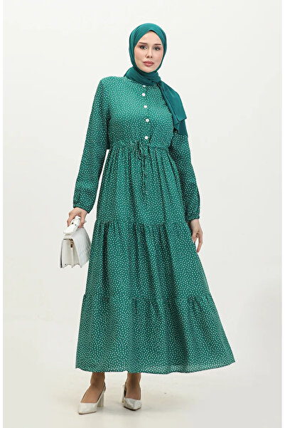 sefamerve Σμαραγδένιο Πράσινο Πουά Φόρεμα με κορδόνι στη μέση - 0372-04