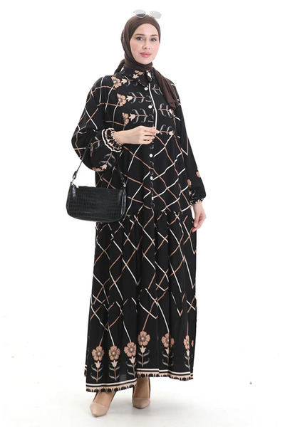 sefamerve فستان هاكمي ياقة منقوشة 2075-03 قهوة بالحليب الأسود