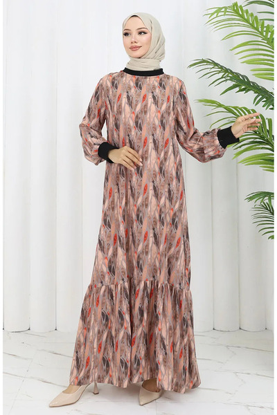 sefamerve Şifon Kumaş Yaprak Desenli Elbise 0054-04 Vizon