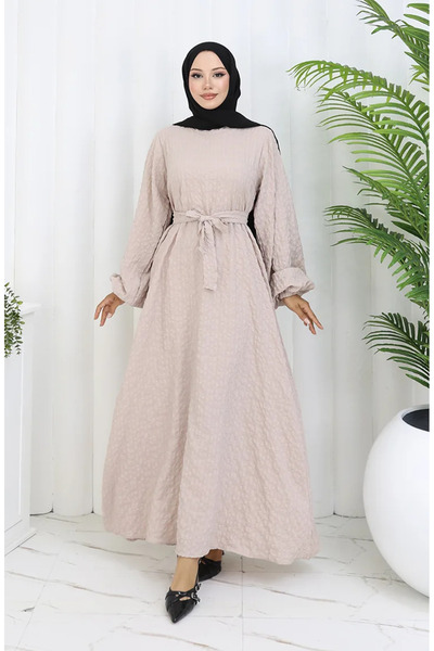 sefamerve فستان من قماش جوفير مع حزام 2086-01 مينك