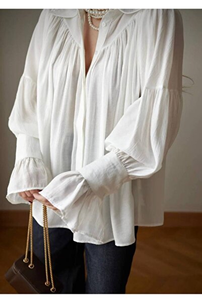 Genel Markalar Beyaz Büzgü Ve Kol Detaylı Gömlek