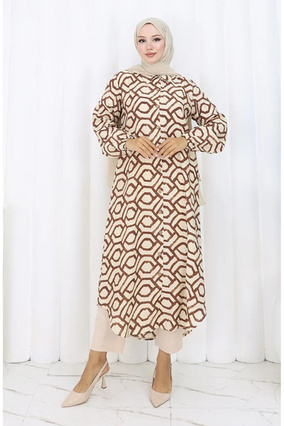 sefamerve Viskon Kumaş Boydan Düğmeli Uzun Tunik 0175-02 Kahverengi