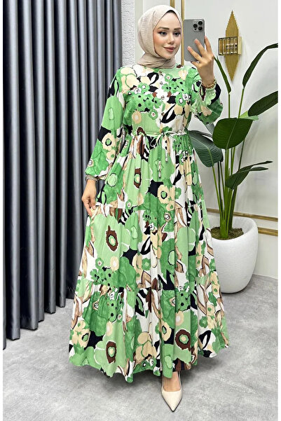 sefamerve Flora Patterned Viscose Dress 7129-05 Green