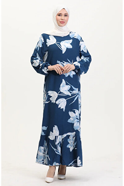 sefamerve Φόρεμα βισκόζης με σχέδια με λαστιχένια μανίκια 0016-03 Petrol