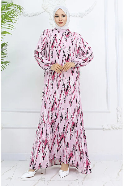 sefamerve Φόρεμα με μοτίβο από ύφασμα βισκόζης Dusty Rose με ελαστικό μανίκι