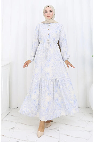 sefamerve Φόρεμα από λινό ύφασμα με κορδόνια στη μέση με κουμπιά 0173E-01 Μπε...