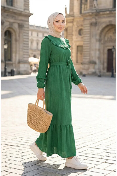 sefamerve Fırfırlı Kuşaklı Elbise 2159-08 Yeşil