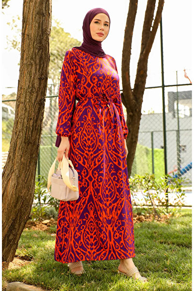 sefamerve Πορτοκαλί φόρεμα βισκόζης - με μοτίβο και φύλλο 0439-01