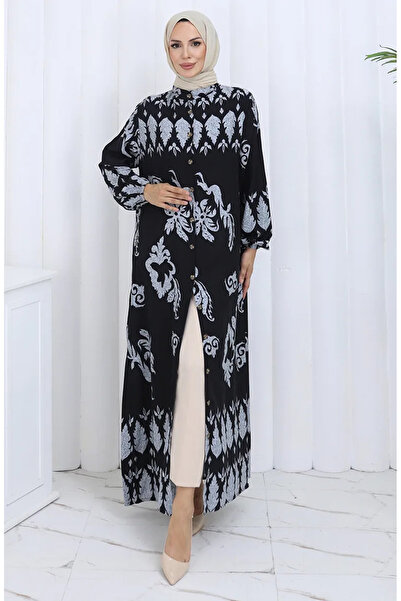 sefamerve Φόρεμα με μοτίβο με κουμπί 2125-05 Γκρι Μαύρο