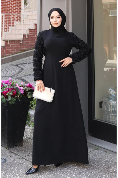 sefamerve فستان بأكمام مزخرفة باللون الأسود 81886-01