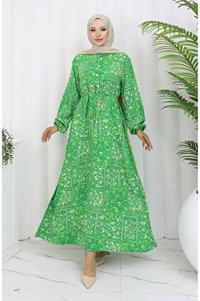 sefamerve Patterned Viscose Dress with Tie-Up at the Waist 2084-04 Green