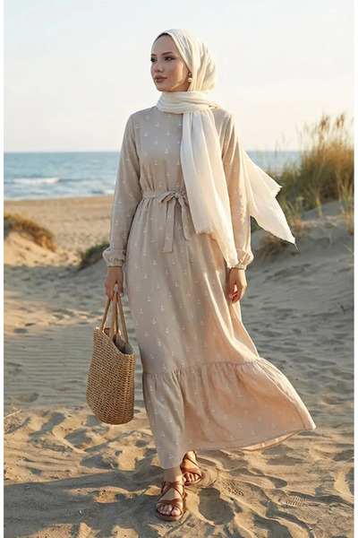 sefamerve Berra Çapa Desen Pamuklu Viskon Elbise 0344-01 Bej