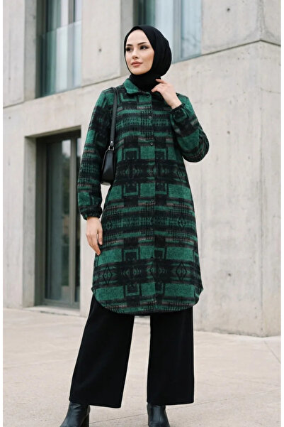 sefamerve Patterned Buttoned Lumberjack Winter Tunic 2503-01 Emerald Green Black