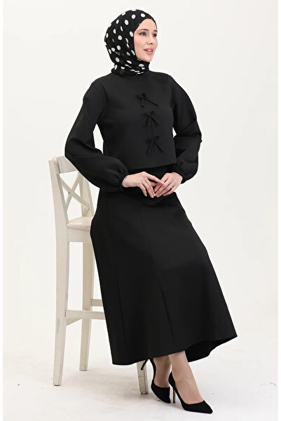 sefamerve 0021-04 Μαύρη υφασμάτινη μπλούζα και φούστα Scuba Σετ δύο τεμαχίων