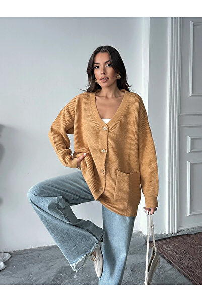 mydukkan.co Double Pocket Bone Button Knitwear Cardigan Mustard - Mustard
