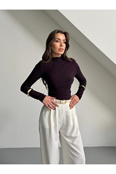 mydukkan.co Dik Yaka Drapeli Uzun Kol Bluz - Mürdüm