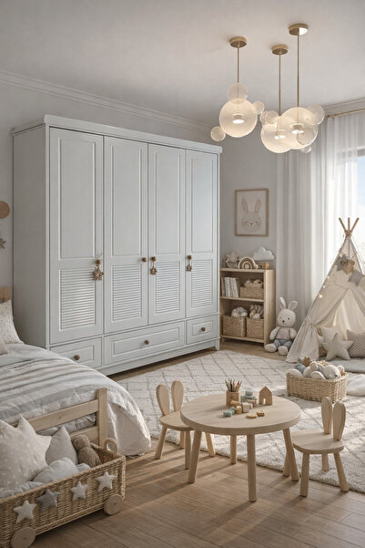 Koza %100 MDF Panjur Beyaz 4 Kapılı Bebek&Çocuk Gardrop