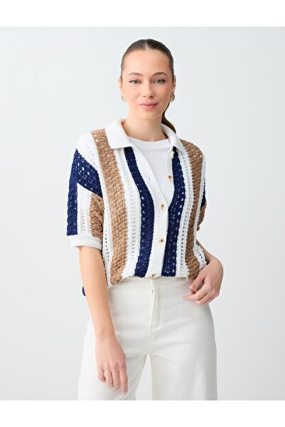 Jimmy Key В'язаний кардиган Off-White з короткими рукавами та коміром-поло у ...