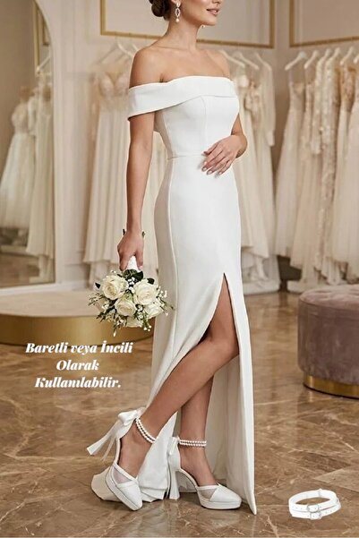 Famels Παπούτσια Πλατφόρμας Λευκό Δερμάτινο Πέρλες Διχτυωτό Νυφικό Βραδινό Φό...