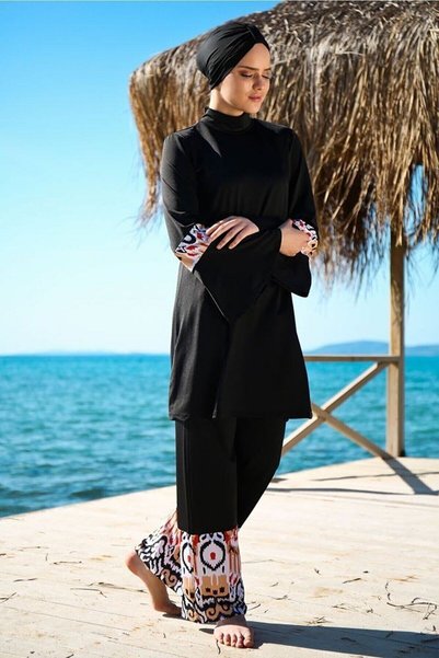 Marina Rope Tied 4-Piece Black Pattern Detailed Full Covered Hijab Swimsuit 1961