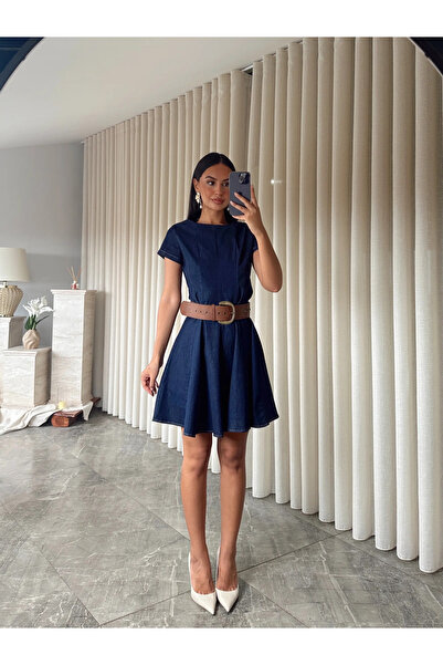 mydukkan.co Flared Lycra Denim Dress - Navy Blue