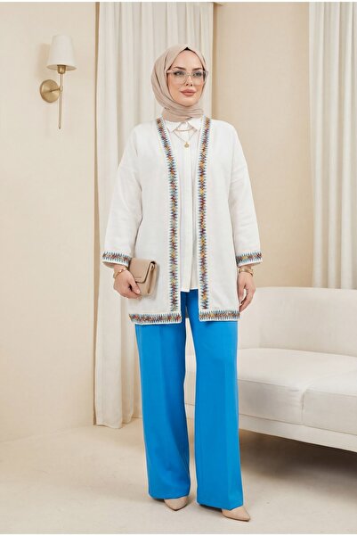 HİJABAYA Λινό κιμονό με πολύχρωμη λωρίδα