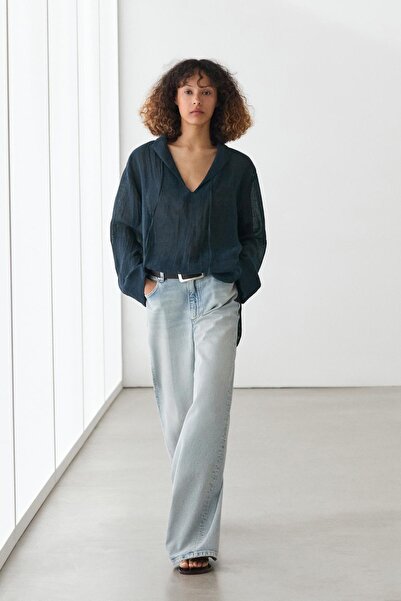 Massimo Dutti %100 keten klapa yaka dökümlü bluz