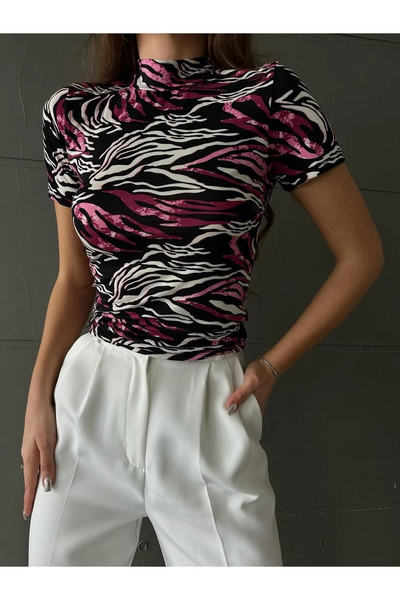 mydukkan.co Stand Collar Patterned Short Sleeve Blouse Pink Marbled