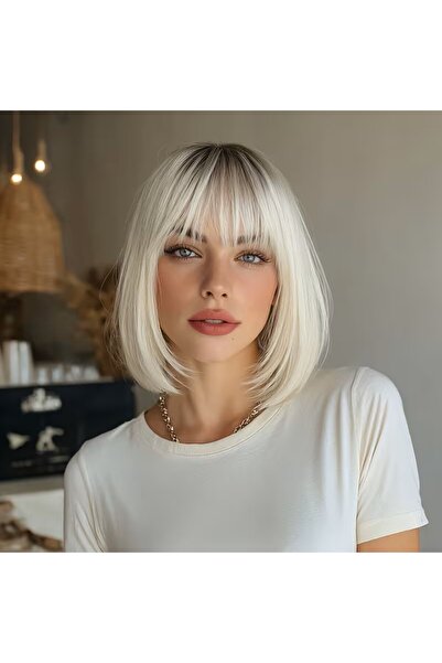 NeednStore Kadın Platin Ombre 35 cm Küt Perçemli Bob Peruk | 1. Kalite Isıya ...