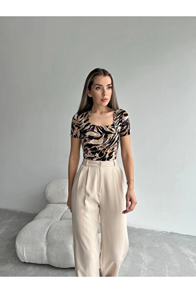 mydukkan.co Patterned Square Collar Short Sleeve Blouse Brown-Mink - Brown-Mink