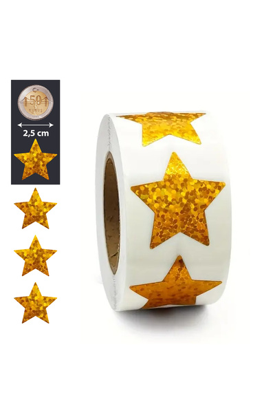 hdcw 500 ADET 2.5cm RULO YAPIŞKANLI HOLOGRAFİK SARI YILDIZ STICKER ETİKET HED...