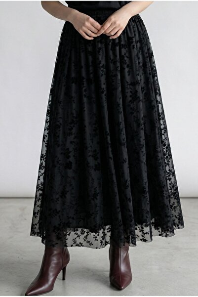 RosePearl Kadın Siyah Renk Flok Baskı Astarlı Etek