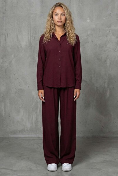 Madmext Claret Red Basic Γυναικείο Πουκάμισο Παντελόνι Σετ δύο τεμαχίων Mg2352
