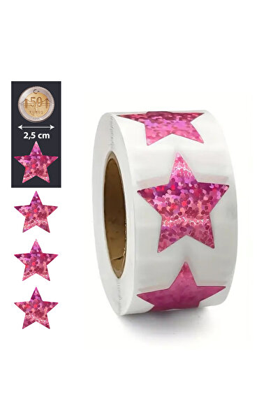 hdcw 500 ADET 2.5cm RULO YAPIŞKANLI PEMBE HOLOGRAFİK YILDIZ DESENLİ STICKER E...